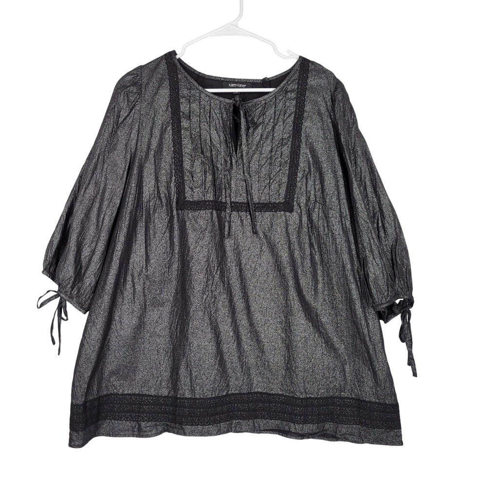 Karen‎ Kane Metallic Silver Black Lace Trim Boho Peasant Blouse Top Sz 1X